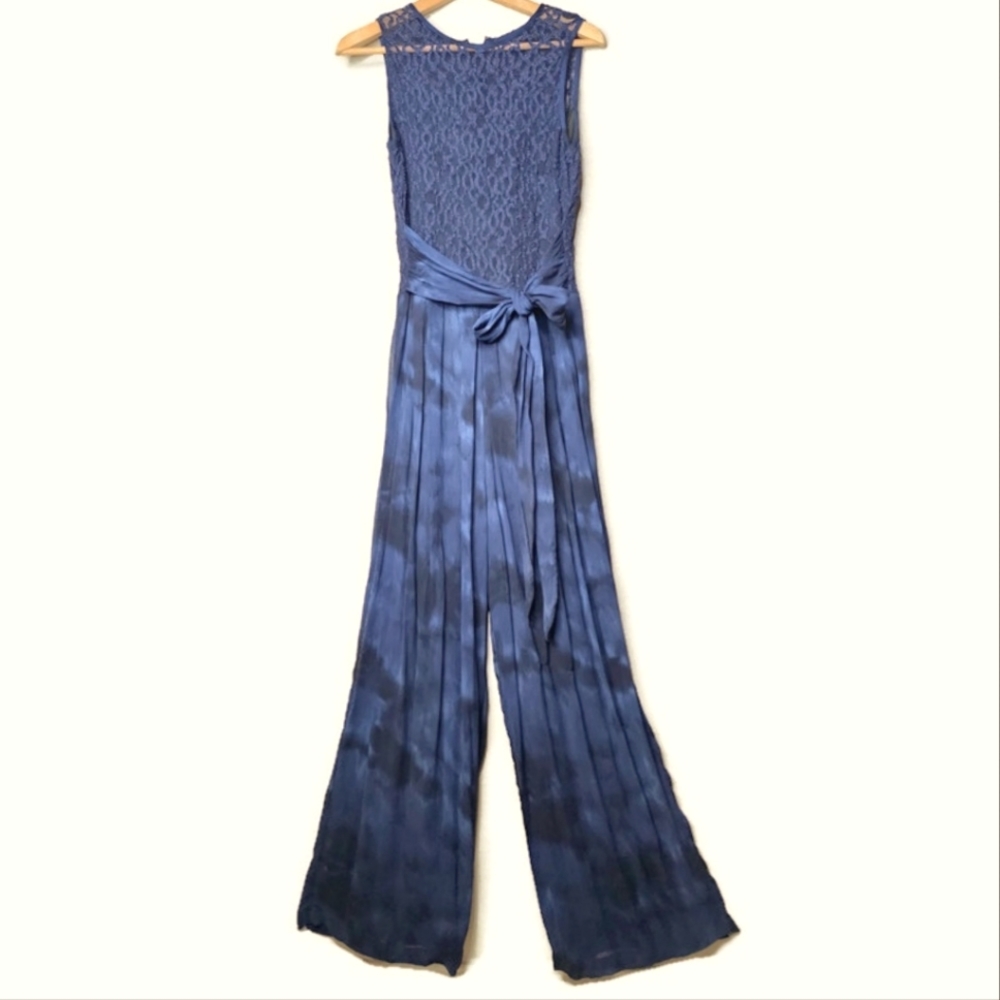 1980s Carole Little Blue Watercolor Tie Dye Wide Leg Sleeveless Vintage Jumpsuit